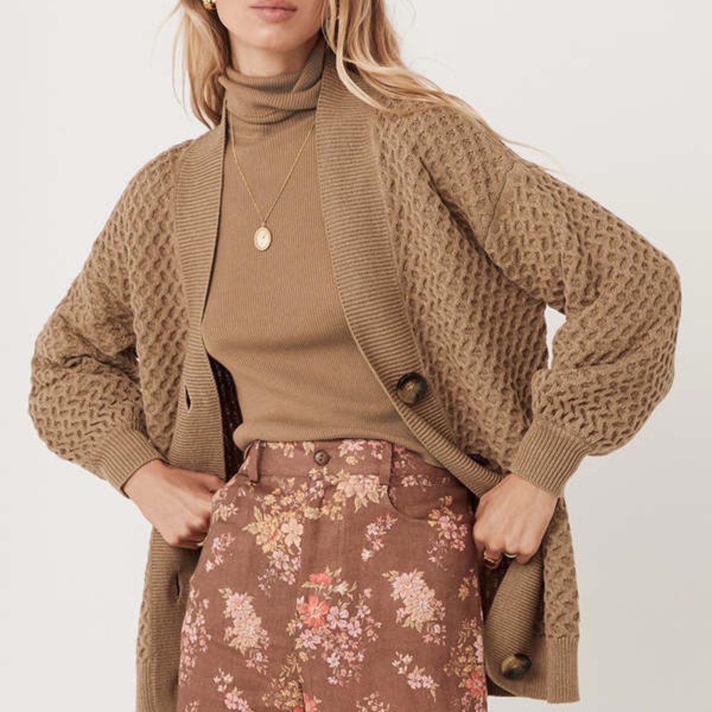 Spell &‎ The Gypsy Cardigan Women M / L Tan Beige Highland Knit Organic Cotton